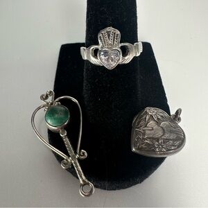 Sterling Silver Lot of 3 - Pendant, Heart Locket, and Claddagh Ring
